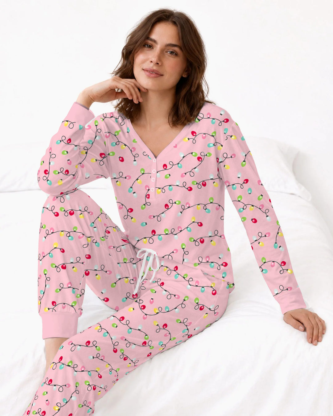 Colorful Christmas Lights on Pink Bamboo Women Pajama Set