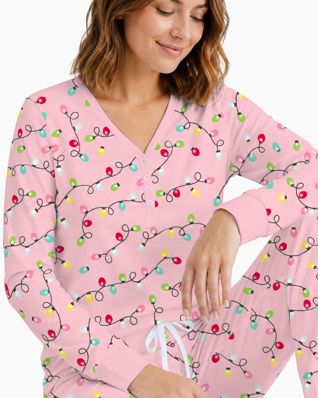 Colorful Christmas Lights on Pink Bamboo Women Pajama Set