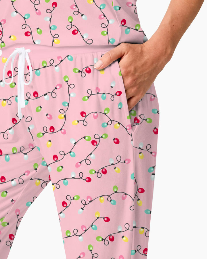 Colorful Christmas Lights on Pink Bamboo Women Pajama Set