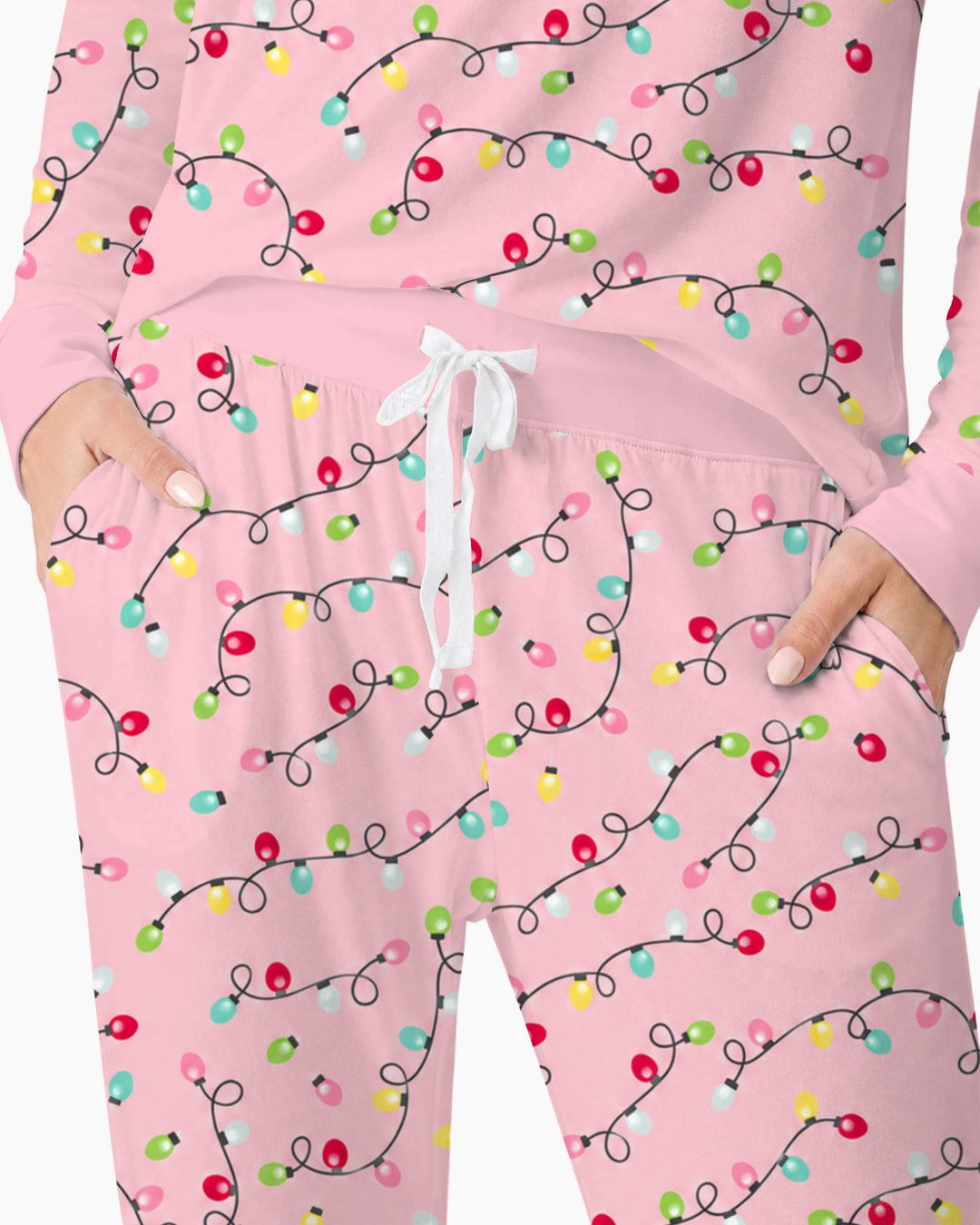 Colorful Christmas Lights on Pink Bamboo Women Pajama Set