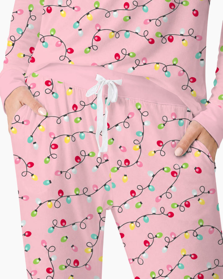 Colorful Christmas Lights on Pink Bamboo Women Pajama Set