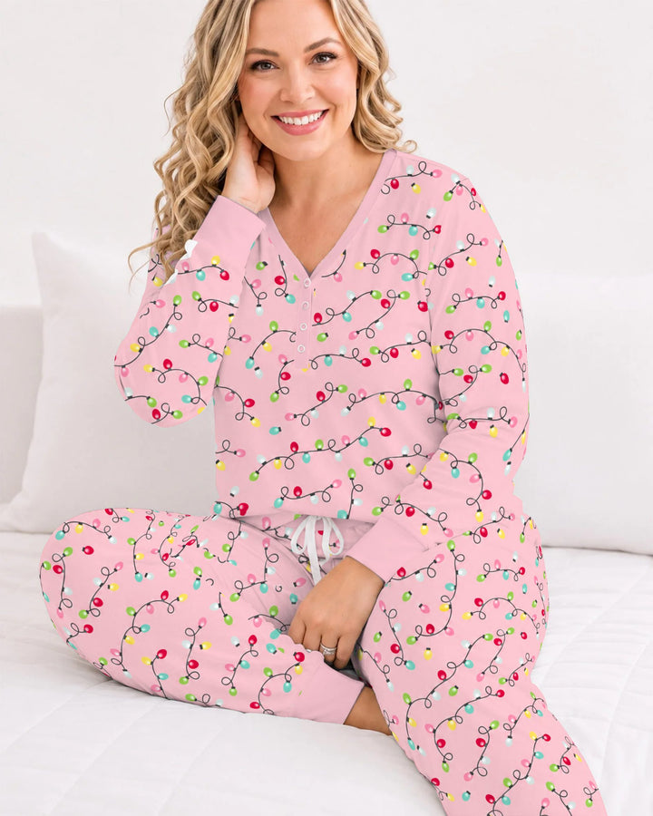 Colorful Christmas Lights on Pink Bamboo Women Pajama Set