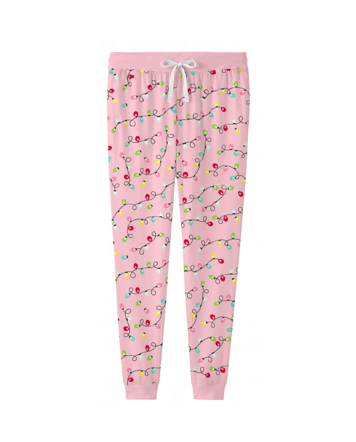 Colorful Christmas Lights on Pink Bamboo Women Pajama Set