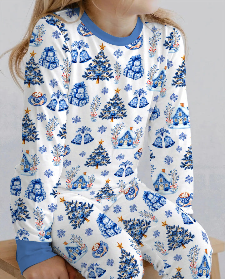 Blue Winter Wonderland Christmas Toss Bamboo Two Piece Long Sleeve Pajama Set