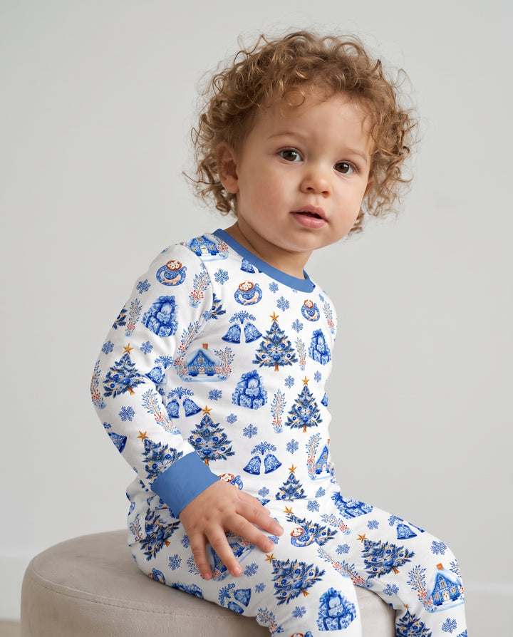 Blue Winter Wonderland Christmas Toss Bamboo Two Piece Long Sleeve Pajama Set