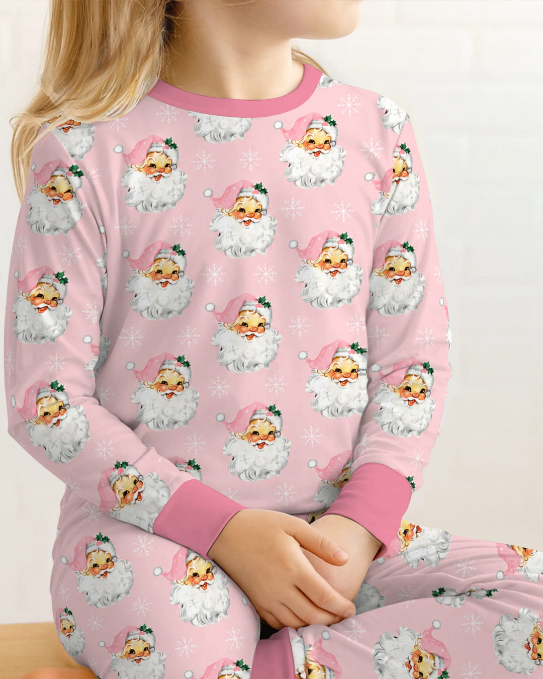Vintage Pink Santa Face Toss Bamboo Two Piece Long Sleeve Pajama Set