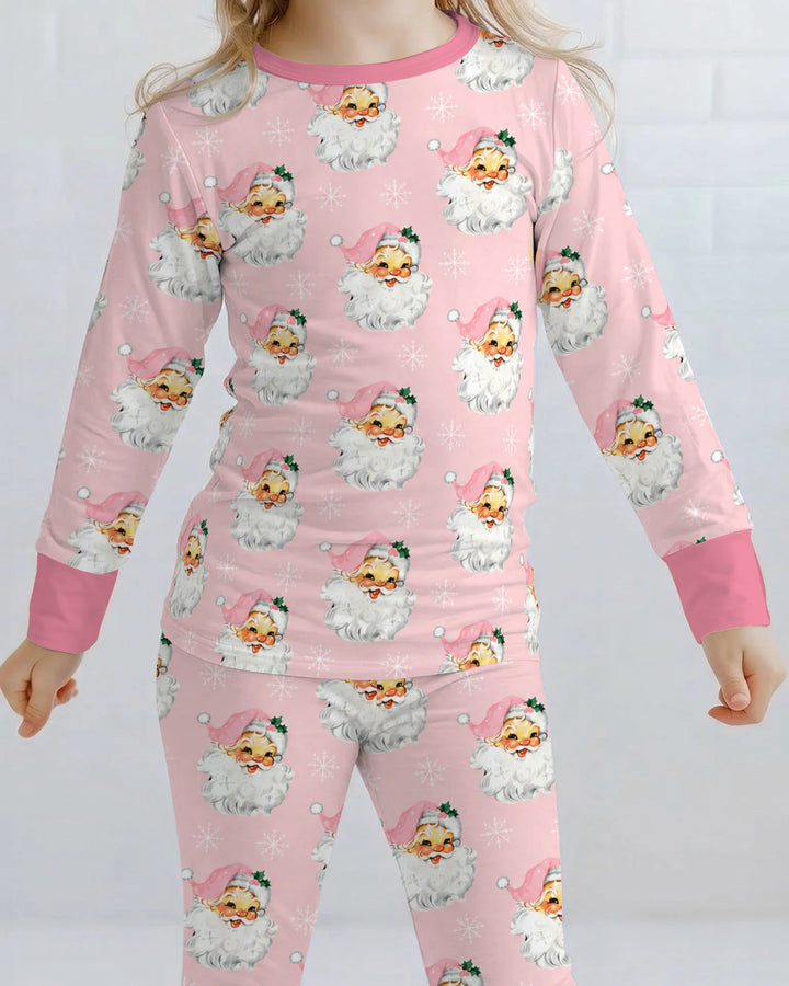 Vintage Pink Santa Face Toss Bamboo Two Piece Long Sleeve Pajama Set