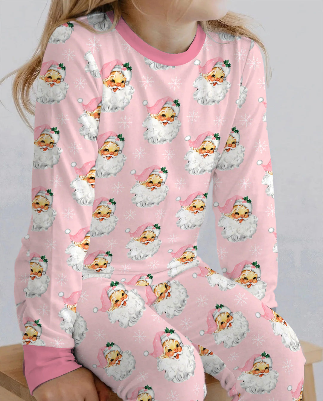 Vintage Pink Santa Face Toss Bamboo Two Piece Long Sleeve Pajama Set