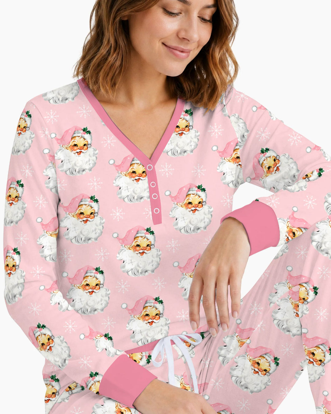 Vintage Pink Santa Face Toss Bamboo Women Pajama Set
