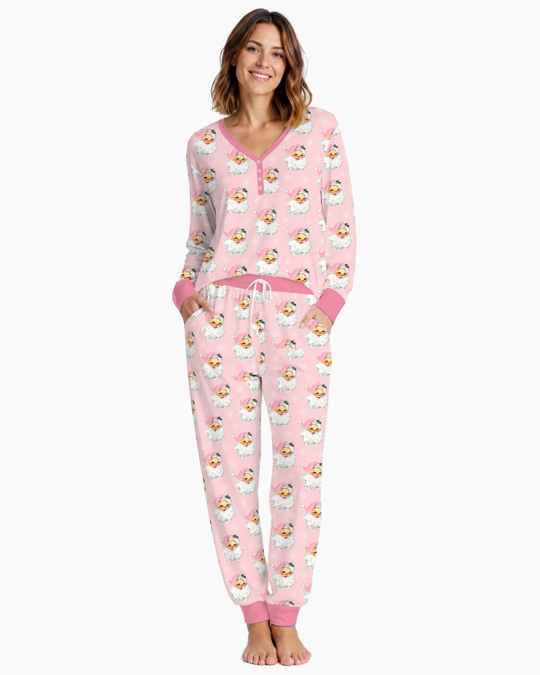 Vintage Pink Santa Face Toss Bamboo Women Pajama Set