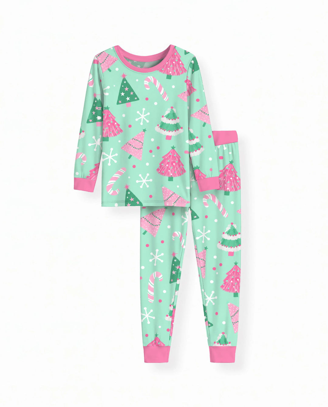 Pink & Mint Candy Christmas Trees Bamboo Two Piece Long Sleeve Pajama Set