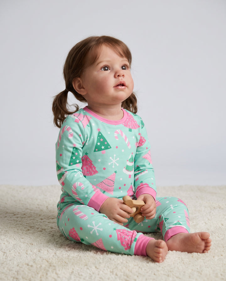 Pink & Mint Candy Christmas Trees Bamboo Two Piece Long Sleeve Pajama Set