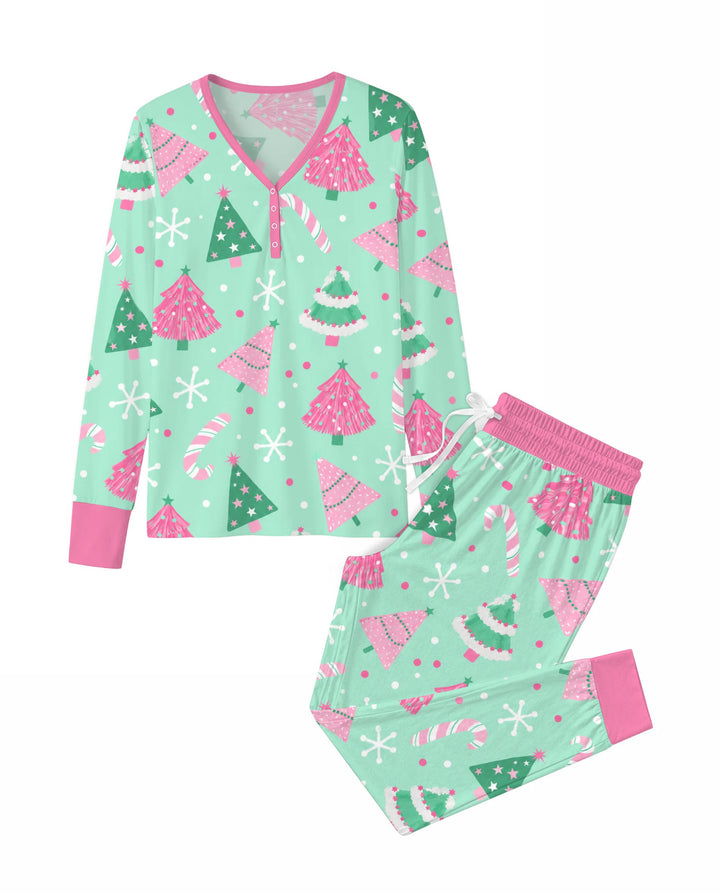 Pink & Mint Candy Christmas Trees Bamboo Women Pajama Set