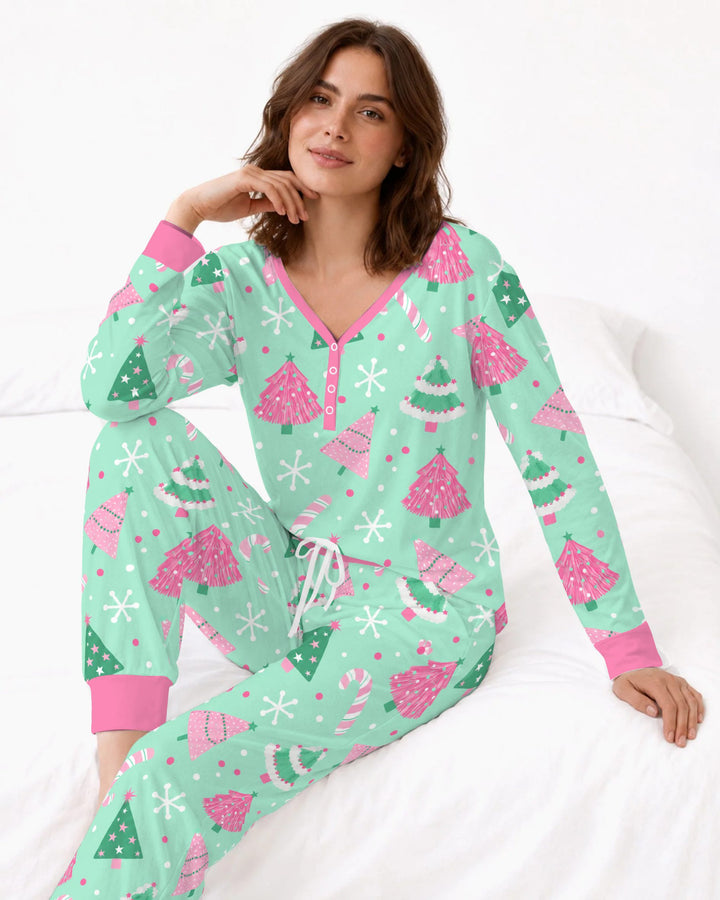 Pink & Mint Candy Christmas Trees Bamboo Women Pajama Set