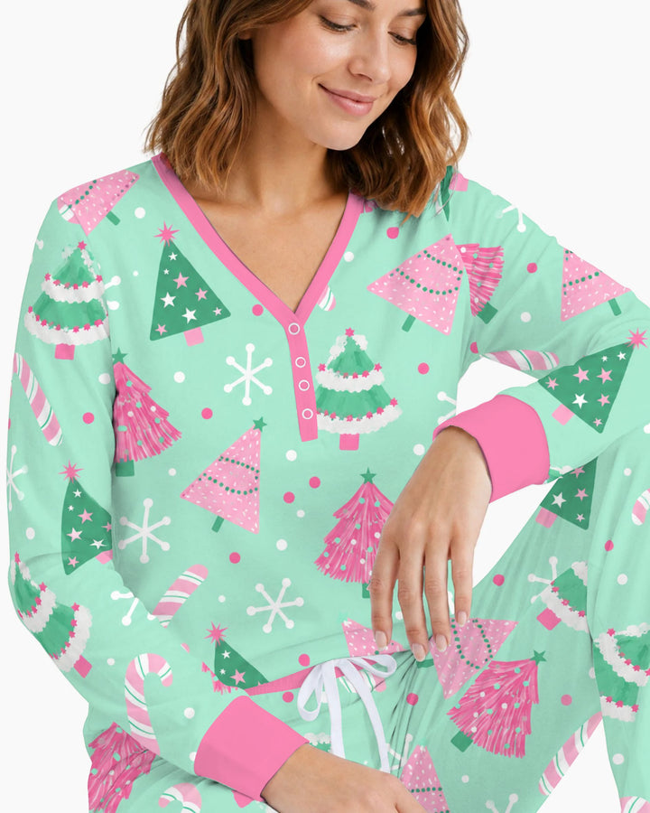 Pink & Mint Candy Christmas Trees Bamboo Women Pajama Set