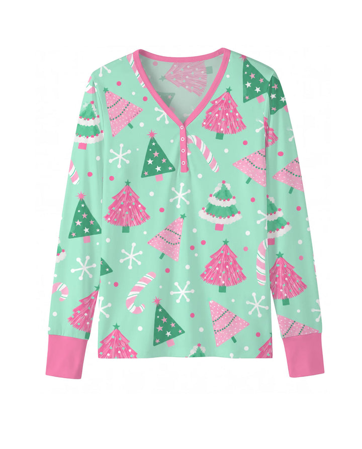 Pink & Mint Candy Christmas Trees Bamboo Women Pajama Set