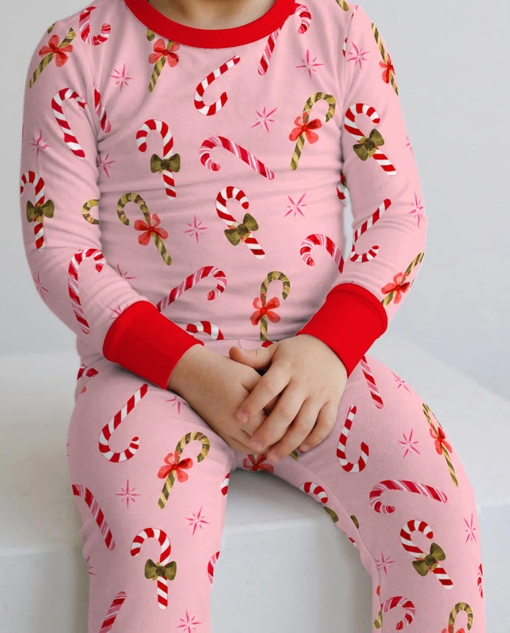 Coquette Christmas Candy Canes & Bows Bamboo Two Piece Long Sleeve Pajama Set