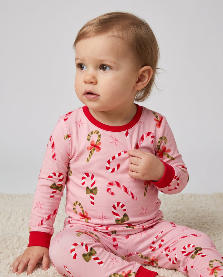 Coquette Christmas Candy Canes & Bows Bamboo Two Piece Long Sleeve Pajama Set