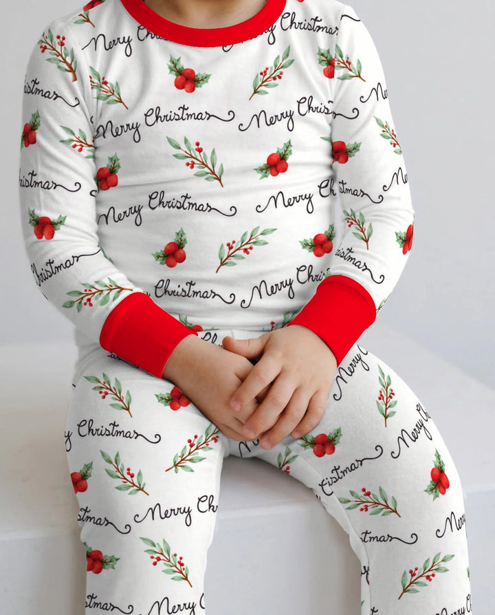 Watercolor Merry Christmas Holly Berries Bamboo Two Piece Long Sleeve Pajama Set