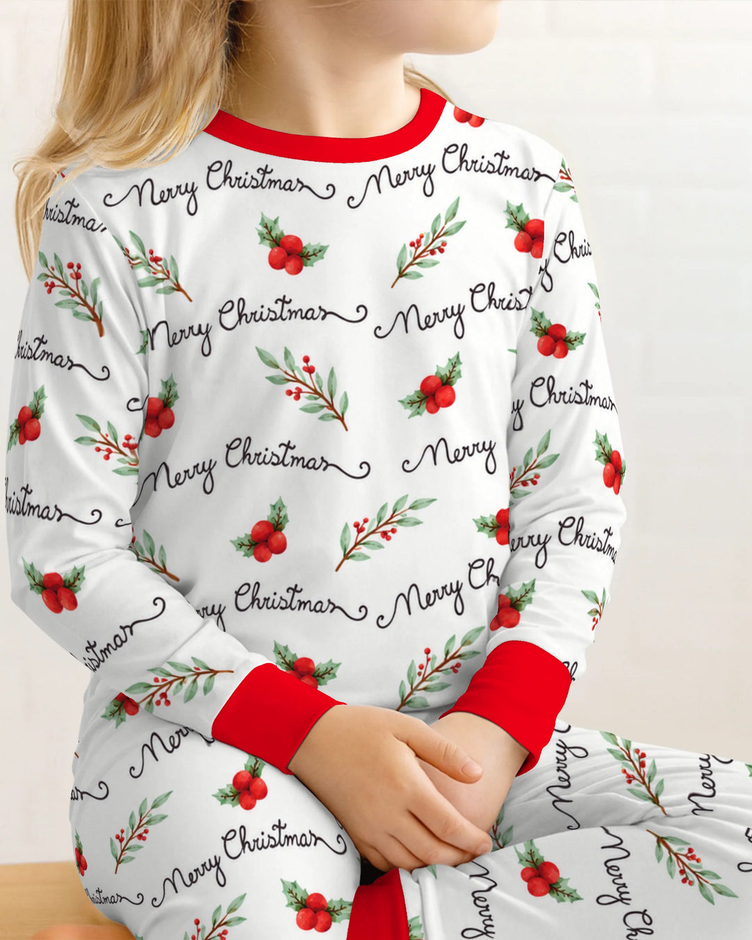 Watercolor Merry Christmas Holly Berries Bamboo Two Piece Long Sleeve Pajama Set