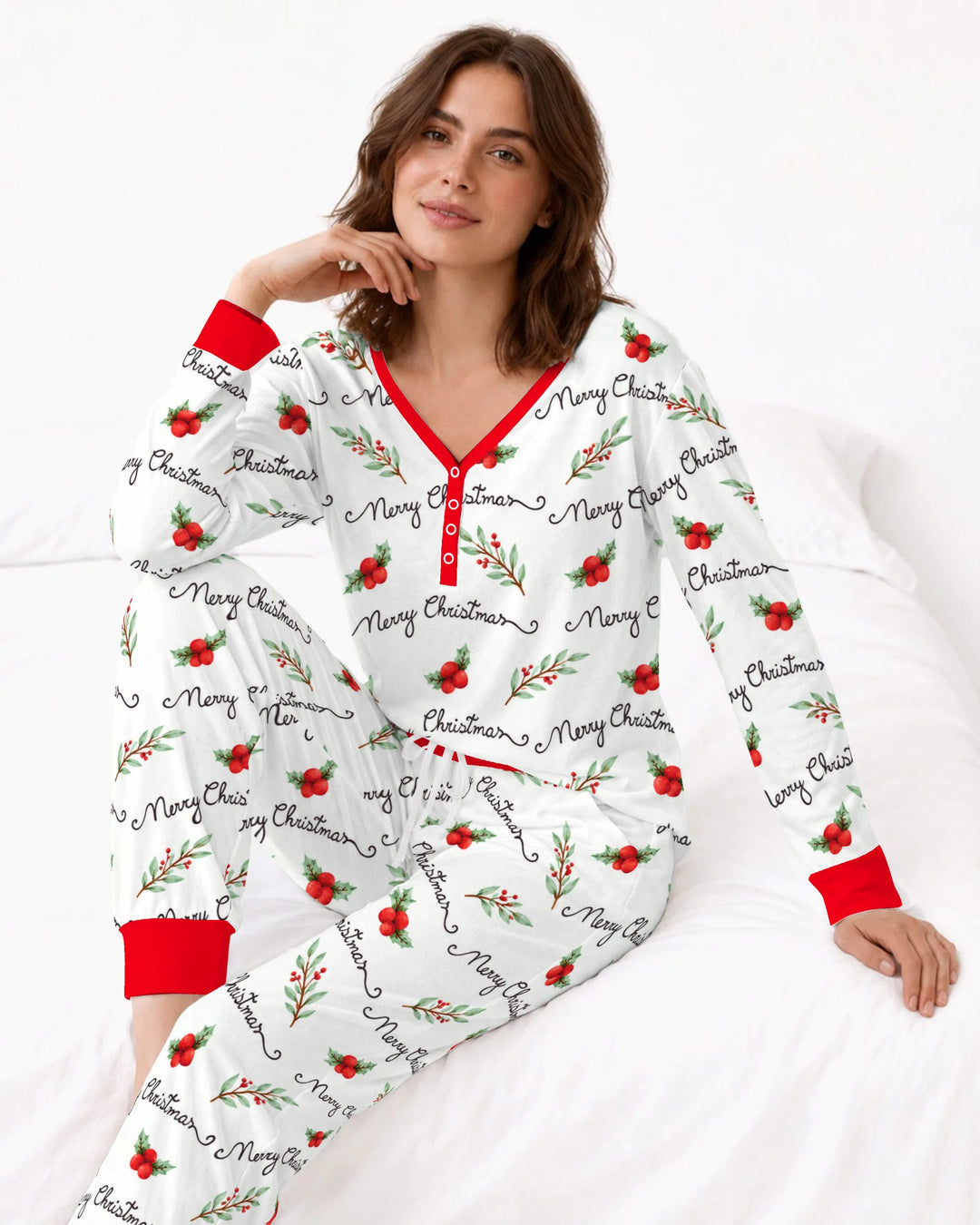Watercolor Merry Christmas Holly Berries Bamboo Women Pajama Set