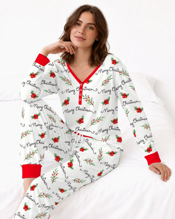Watercolor Merry Christmas Holly Berries Bamboo Women Pajama Set