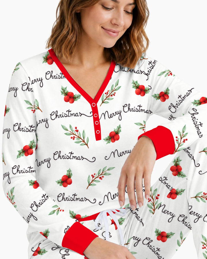 Watercolor Merry Christmas Holly Berries Bamboo Women Pajama Set