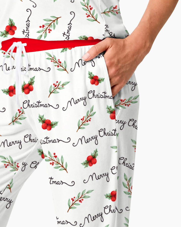 Watercolor Merry Christmas Holly Berries Bamboo Women Pajama Set