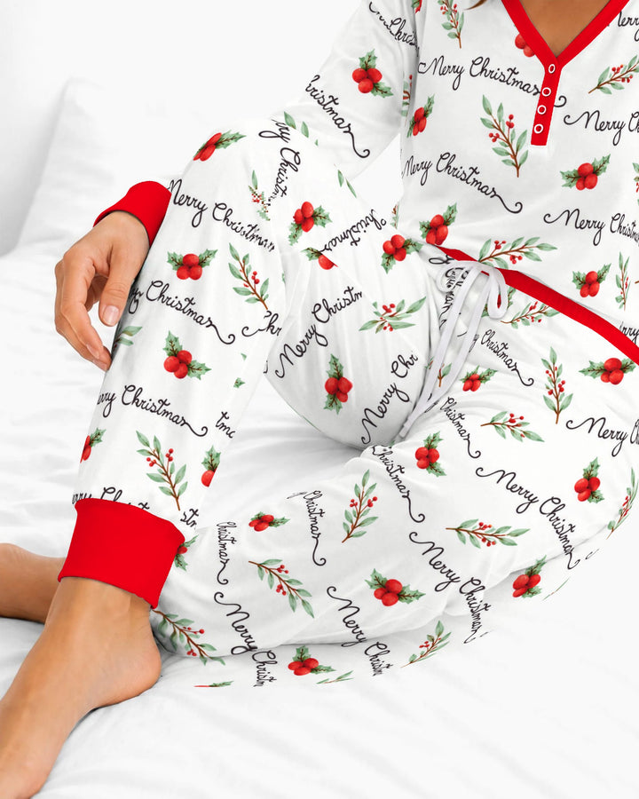 Watercolor Merry Christmas Holly Berries Bamboo Women Pajama Set