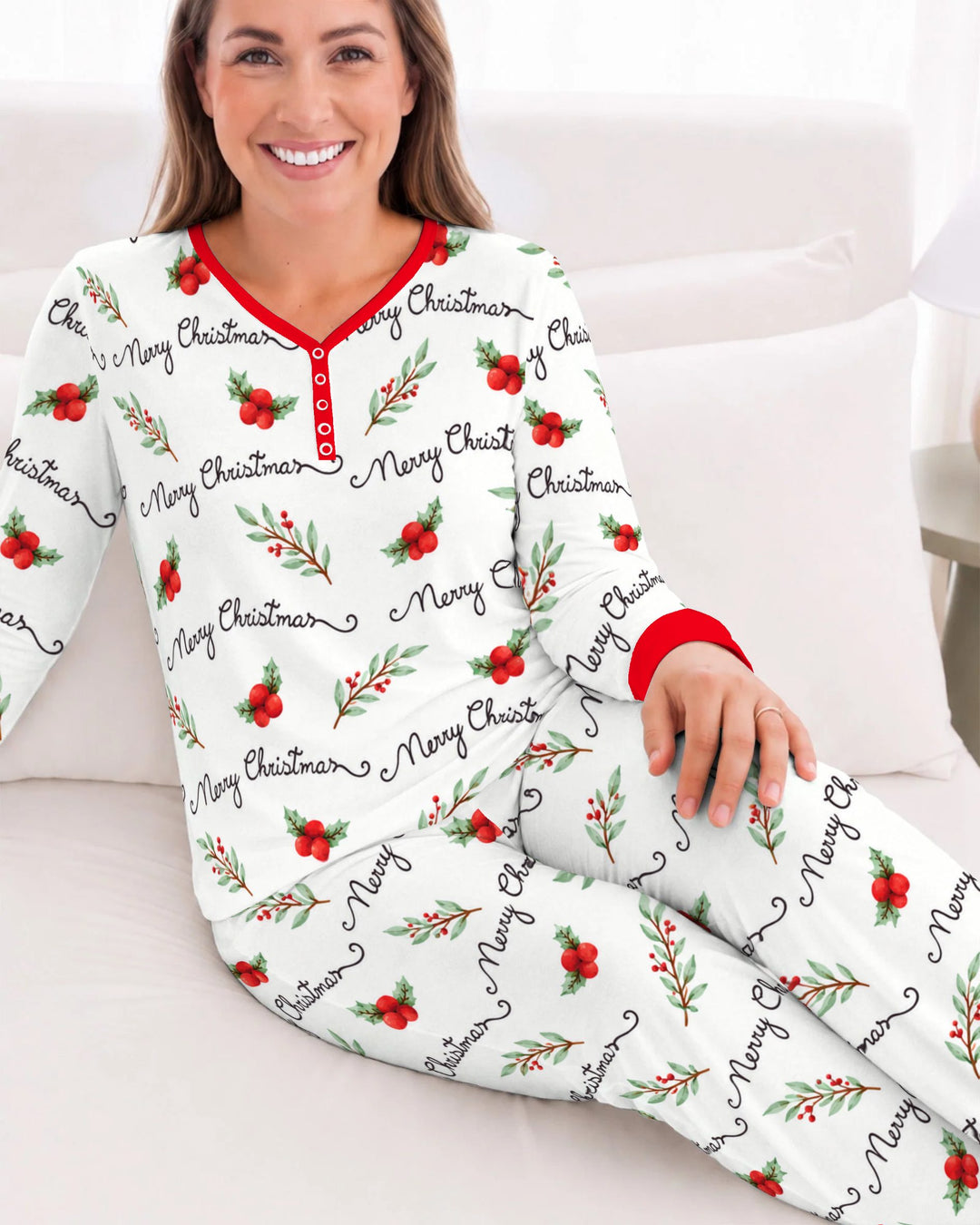 Watercolor Merry Christmas Holly Berries Bamboo Women Pajama Set