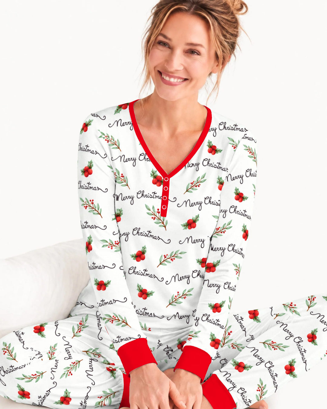 Watercolor Merry Christmas Holly Berries Bamboo Women Pajama Set