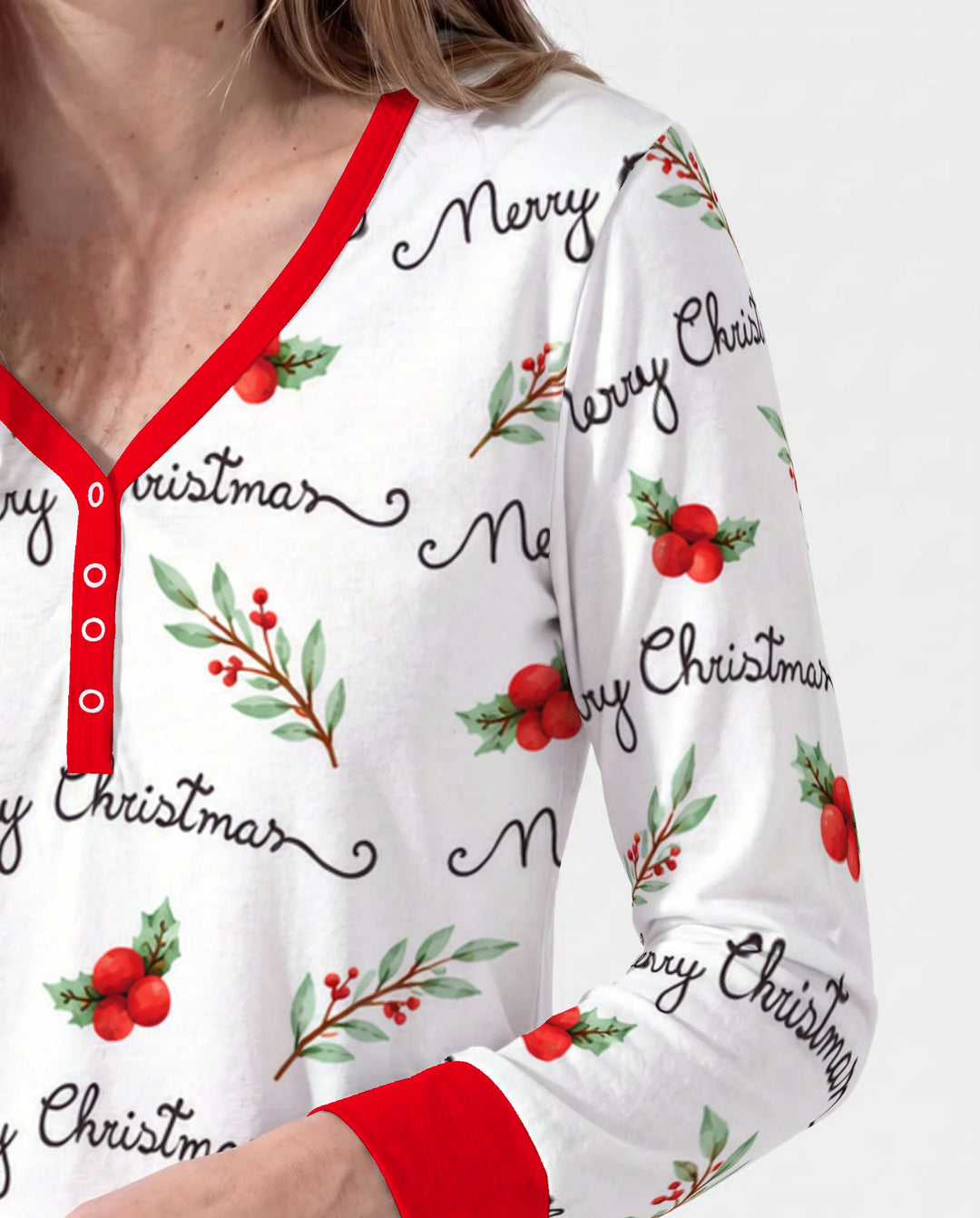 Watercolor Merry Christmas Holly Berries Bamboo Women Pajama Set