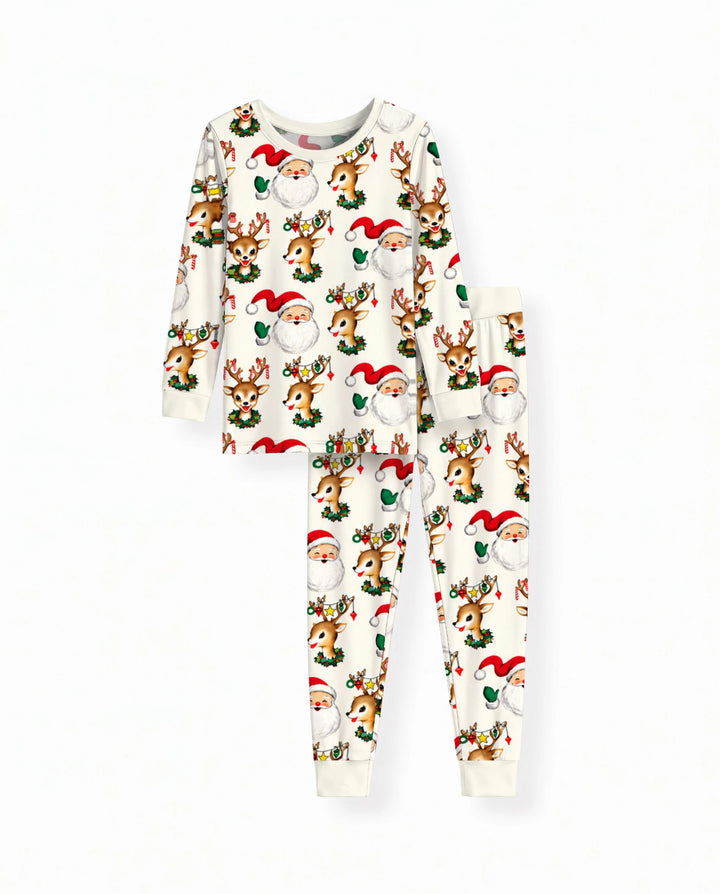 Vintage Santa & Reindeer Christmas Toss Bamboo Two Piece Long Sleeve Pajama Set