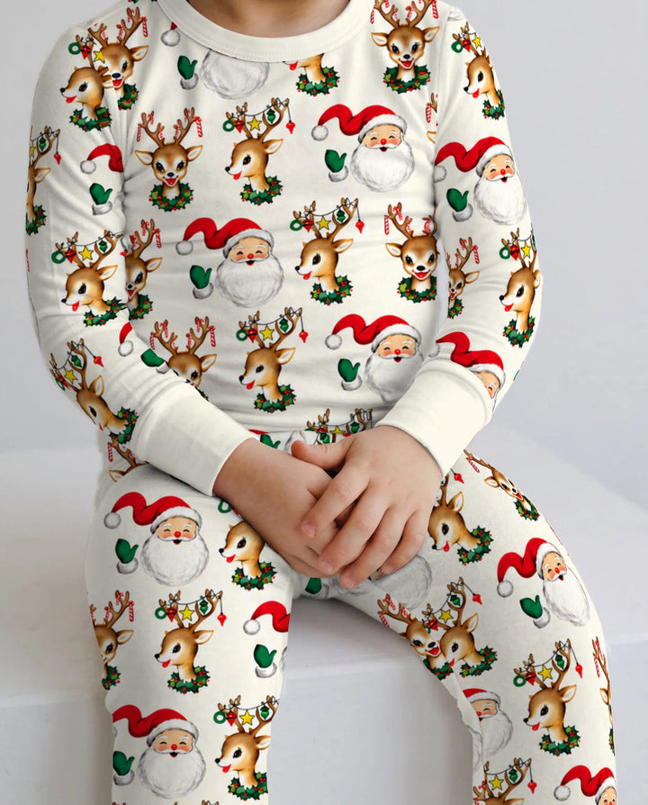 Vintage Santa & Reindeer Christmas Toss Bamboo Two Piece Long Sleeve Pajama Set