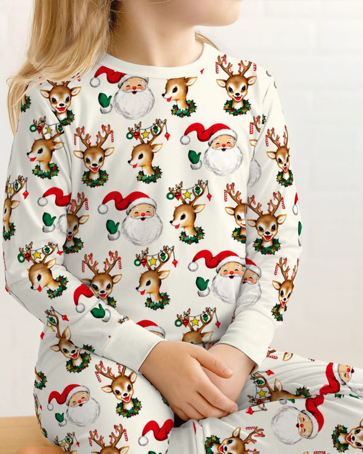 Vintage Santa & Reindeer Christmas Toss Bamboo Two Piece Long Sleeve Pajama Set