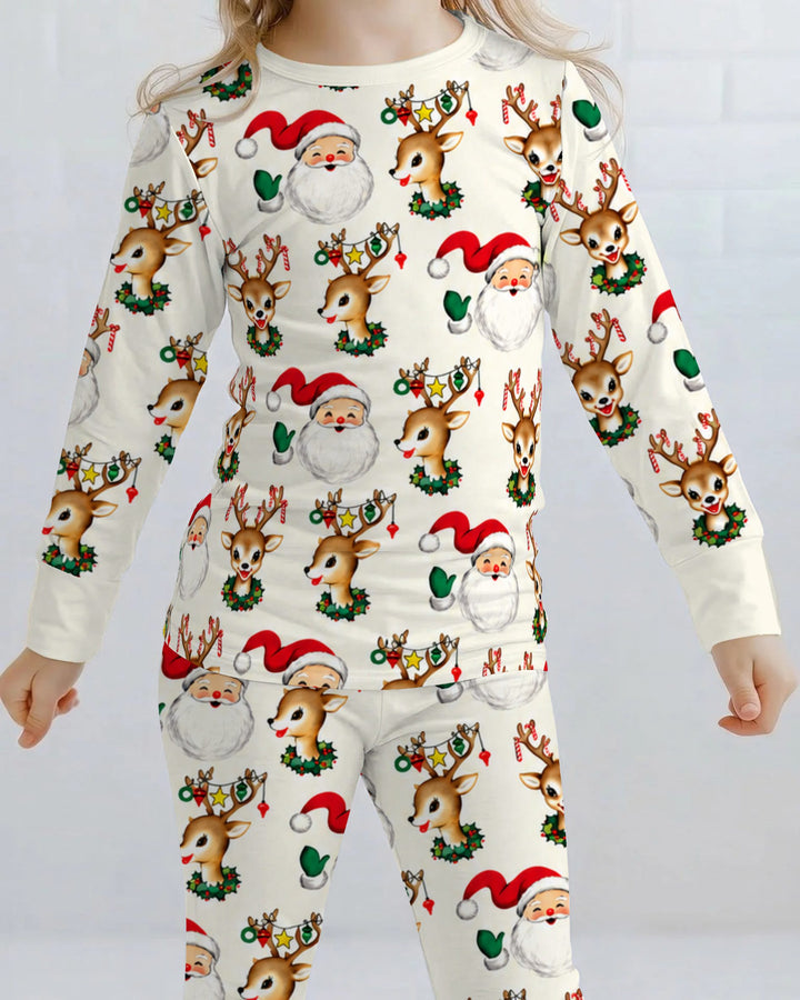 Vintage Santa & Reindeer Christmas Toss Bamboo Two Piece Long Sleeve Pajama Set