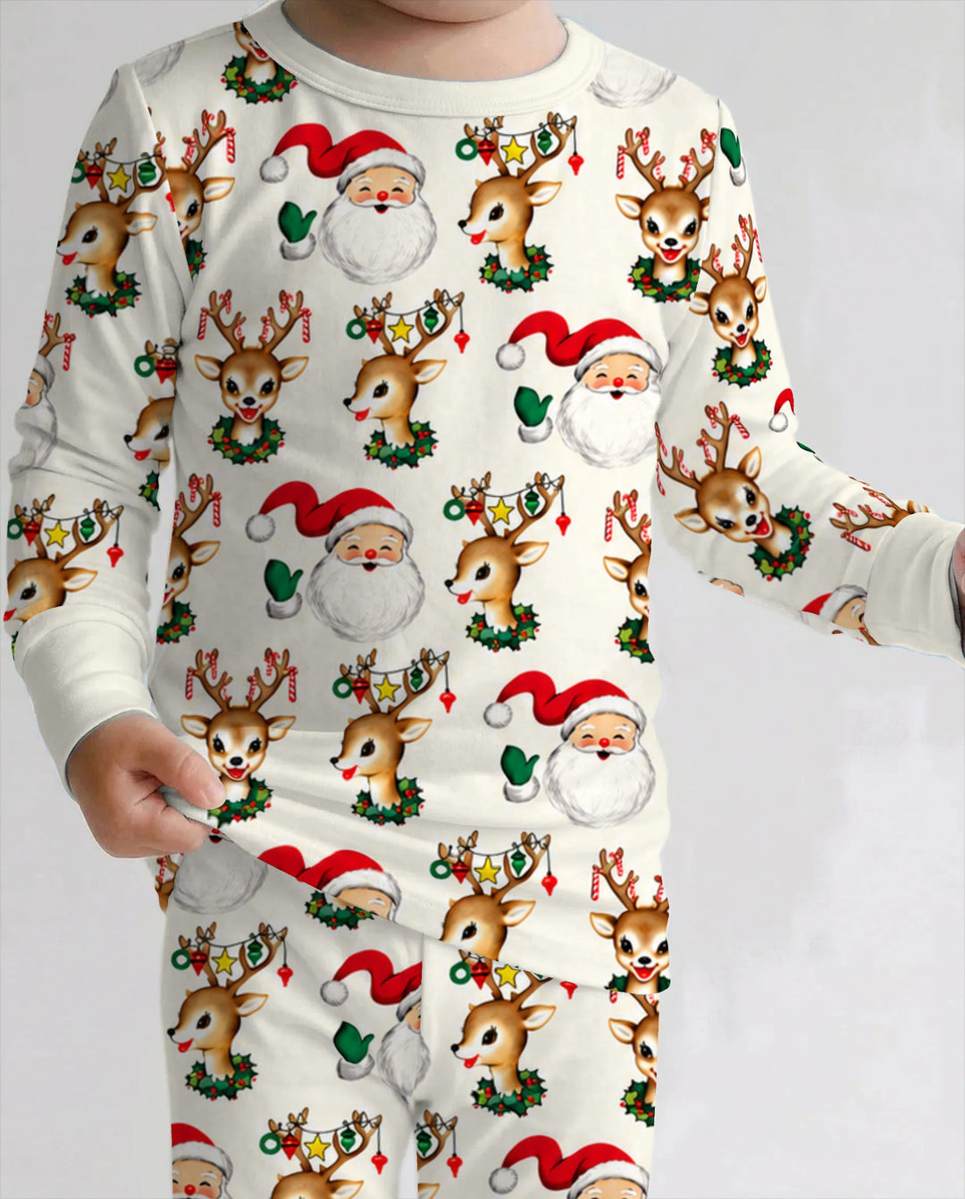 Vintage Santa & Reindeer Christmas Toss Bamboo Two Piece Long Sleeve Pajama Set