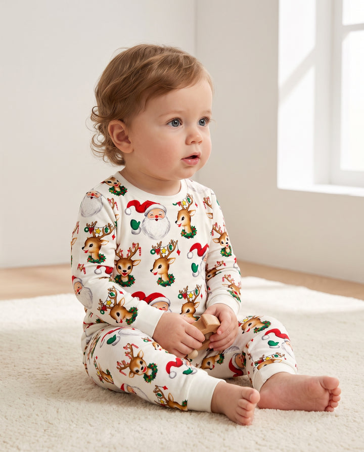 Vintage Santa & Reindeer Christmas Toss Bamboo Two Piece Long Sleeve Pajama Set