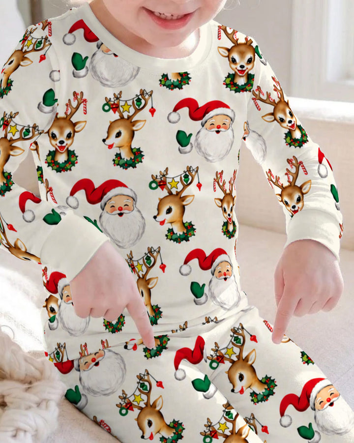 Vintage Santa & Reindeer Christmas Toss Bamboo Two Piece Long Sleeve Pajama Set