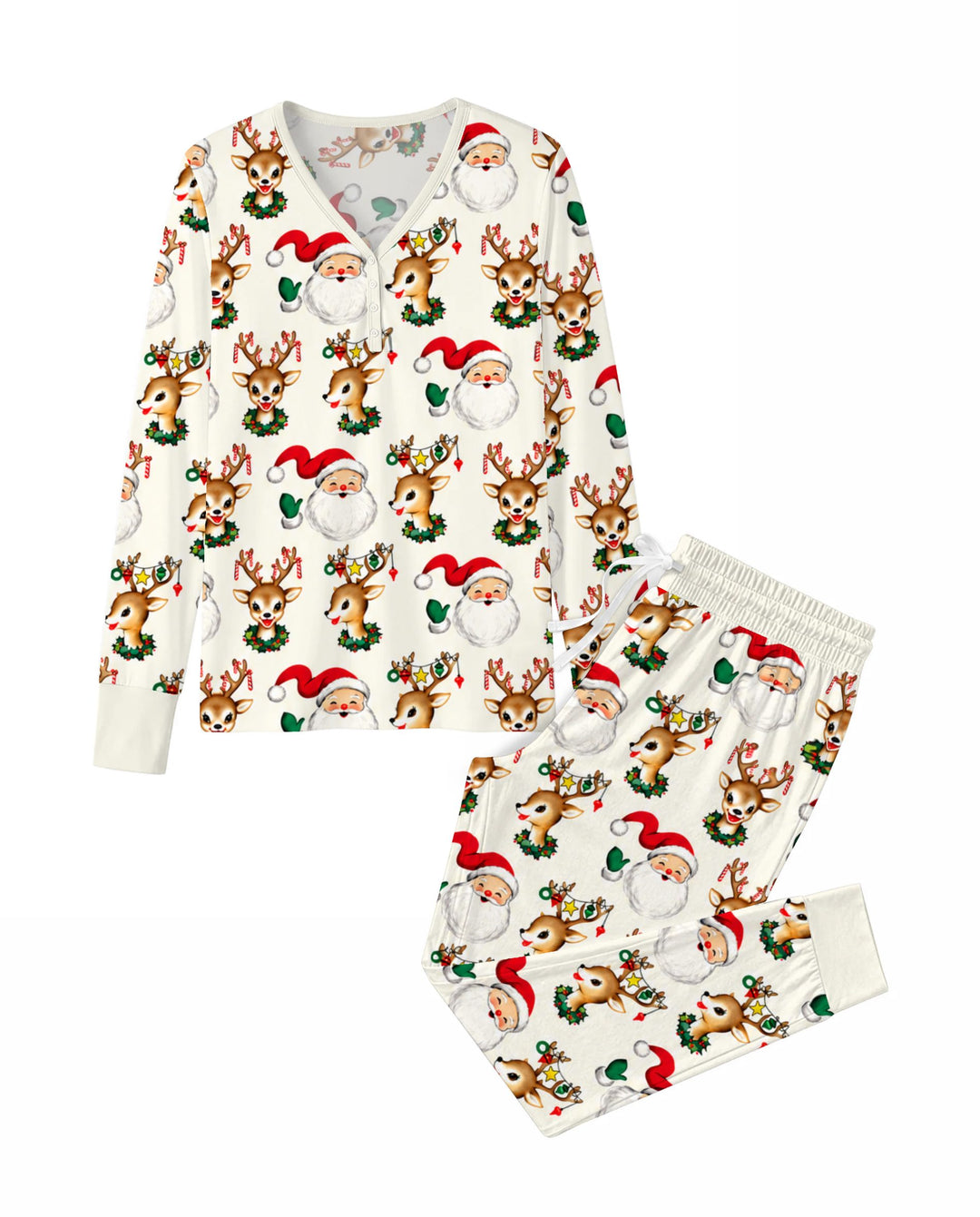 Vintage Santa & Reindeer Christmas Toss Bamboo Women Pajama Set