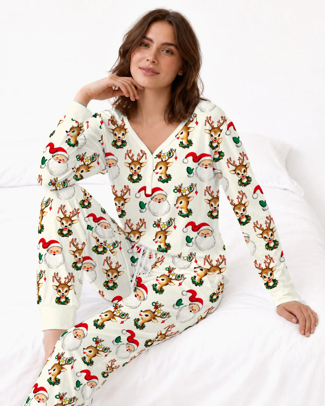 Vintage Santa & Reindeer Christmas Toss Bamboo Women Pajama Set