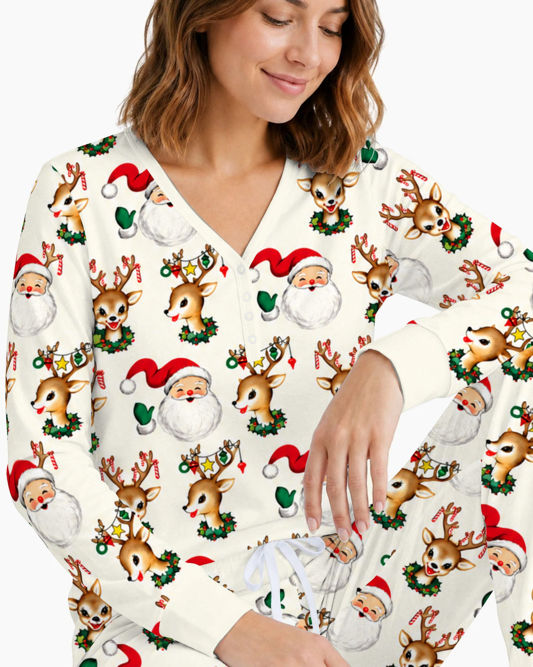 Vintage Santa & Reindeer Christmas Toss Bamboo Women Pajama Set