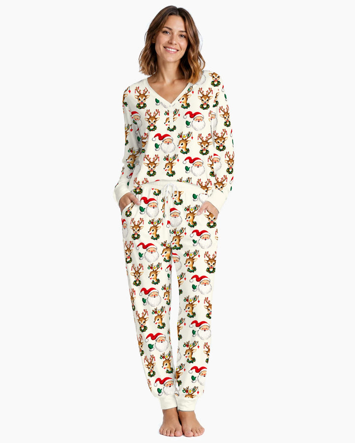 Vintage Santa & Reindeer Christmas Toss Bamboo Women Pajama Set