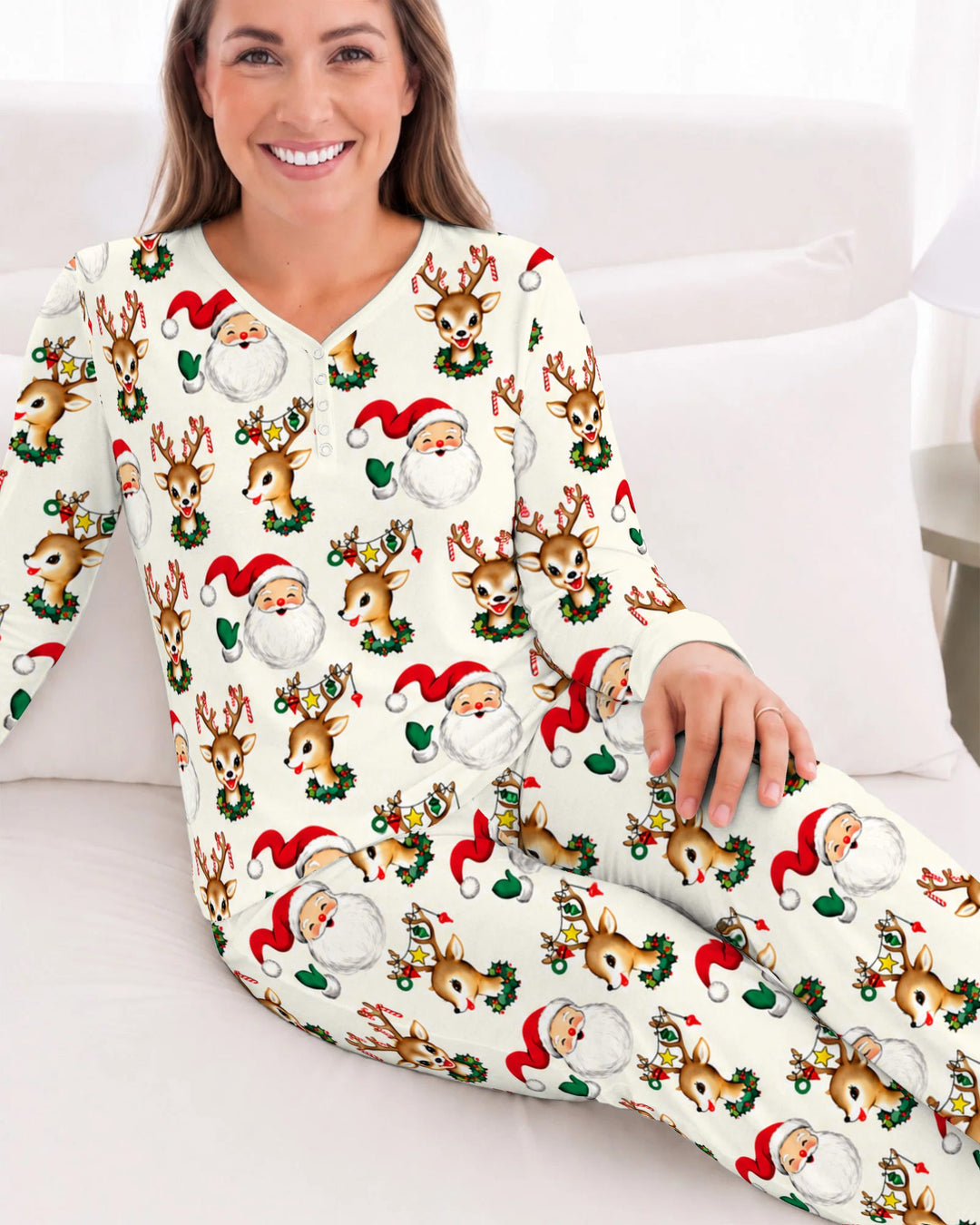 Vintage Santa & Reindeer Christmas Toss Bamboo Women Pajama Set