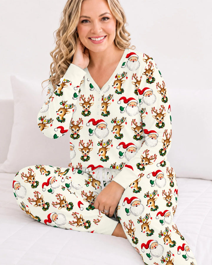Vintage Santa & Reindeer Christmas Toss Bamboo Women Pajama Set
