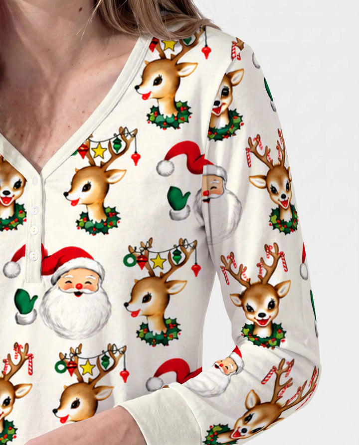 Vintage Santa & Reindeer Christmas Toss Bamboo Women Pajama Set