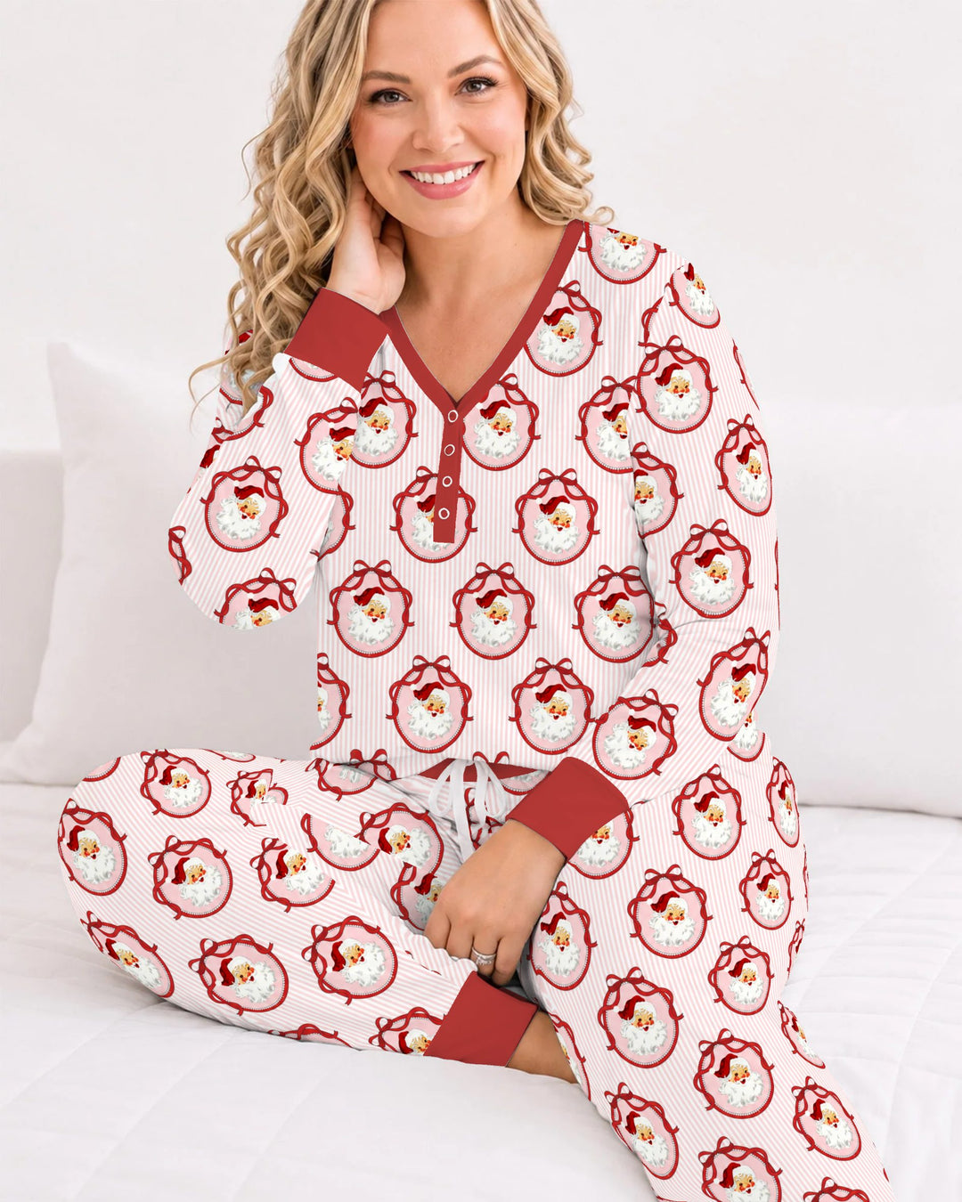 Coquette Vintage Santa Christmas Medallions Bamboo Women Pajama Set