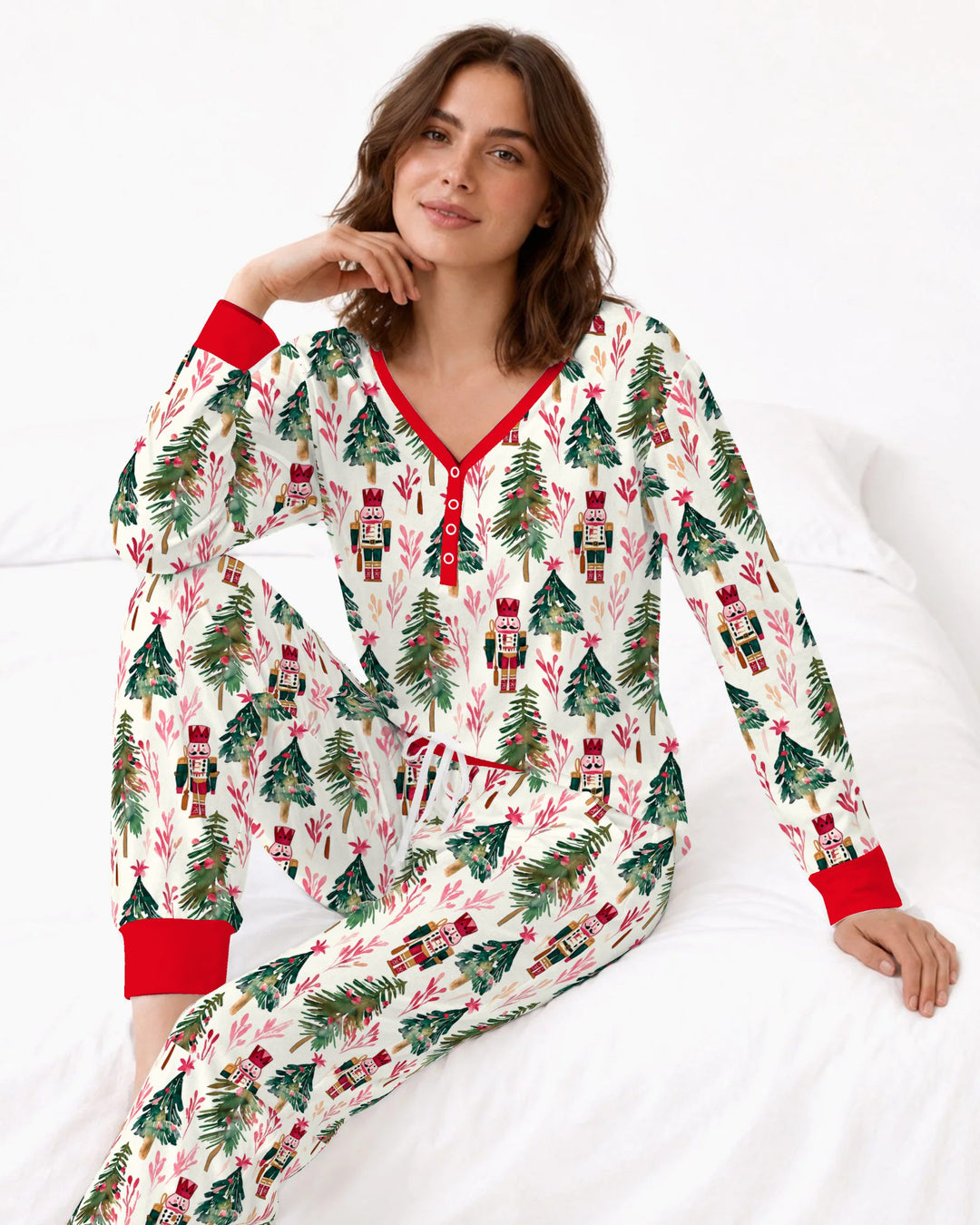 Watercolor Nutcracker & Christmas Pine Trees Bamboo Women Pajama Set