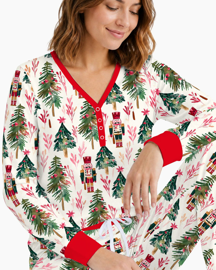 Watercolor Nutcracker & Christmas Pine Trees Bamboo Women Pajama Set