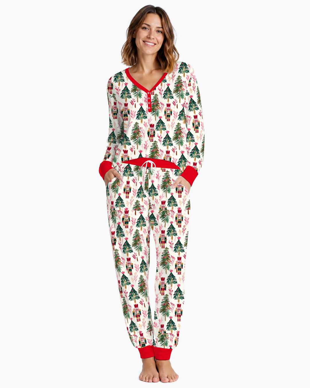 Watercolor Nutcracker & Christmas Pine Trees Bamboo Women Pajama Set